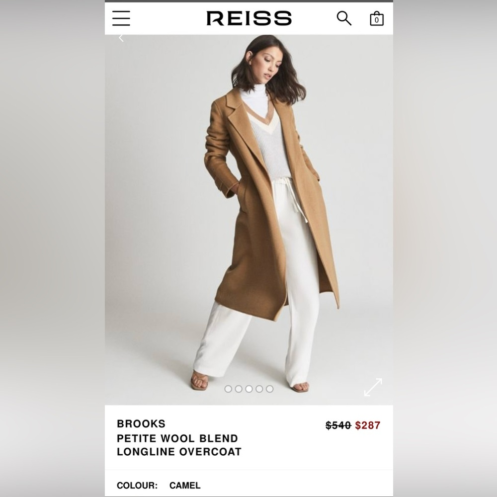 Reiss Brooks Long Length Overcoat Petites 36 EU Sz 4 in Camel Belted Wool Blend